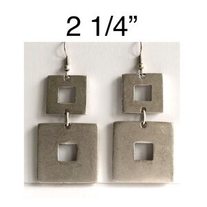 Modern Square Frame Pewter Earrings Distressed Look Rustic Lightweight 2 1/4”